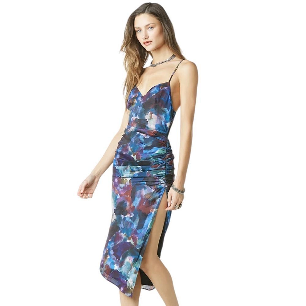 NWT Zamira Abstract Watercolor Sleeveless Sweetheart Side Slit Midi Dress, S